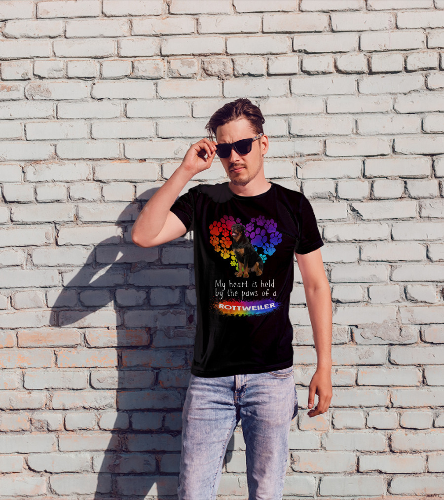 My Heart Is Held By The Paws Of A Rottweiler Rainbow Paw Print Heart T-Shirt