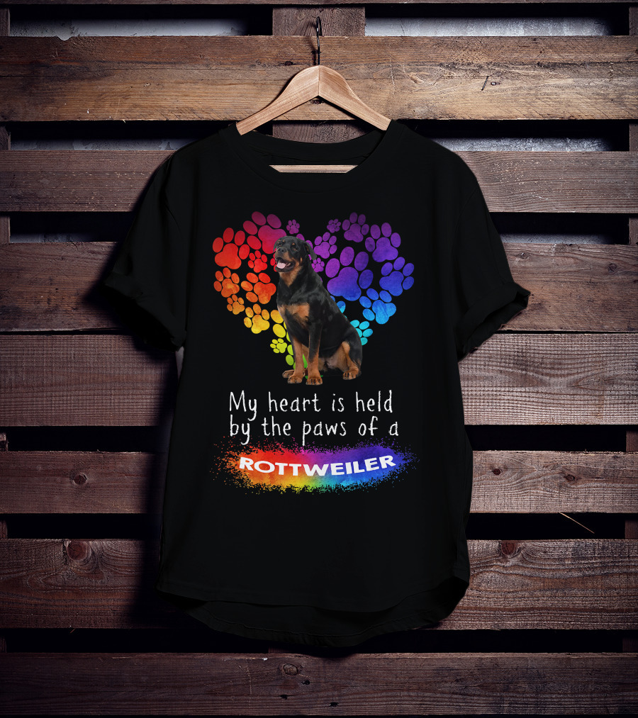 My Heart Is Held By The Paws Of A Rottweiler Rainbow Paw Print Heart T-Shirt