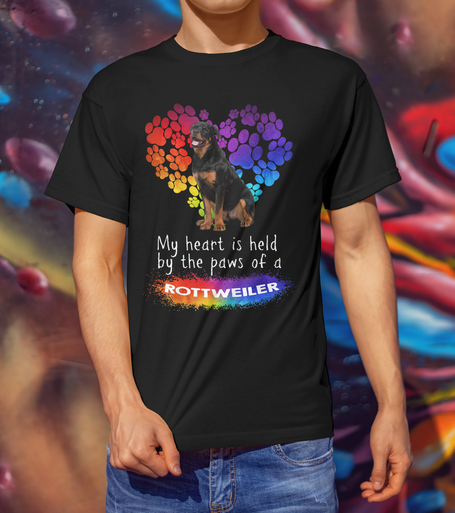 My Heart Is Held By The Paws Of A Rottweiler Rainbow Paw Print Heart T-Shirt