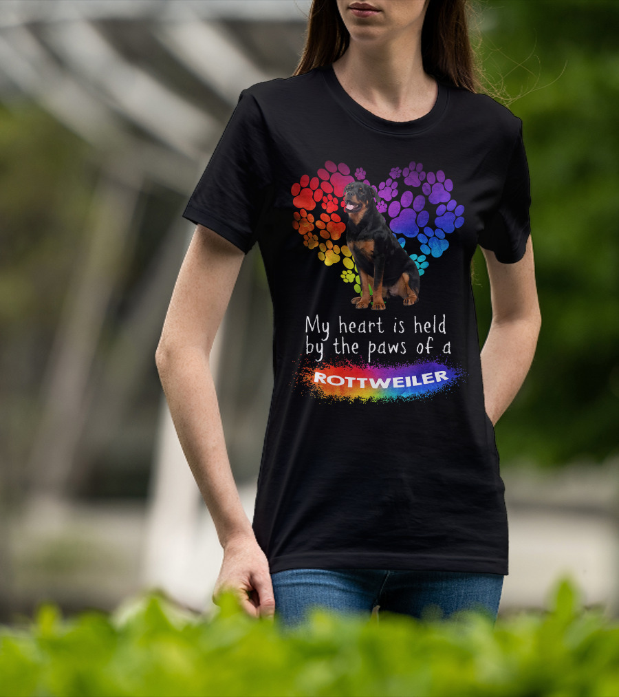 My Heart Is Held By The Paws Of A Rottweiler Rainbow Paw Print Heart T-Shirt