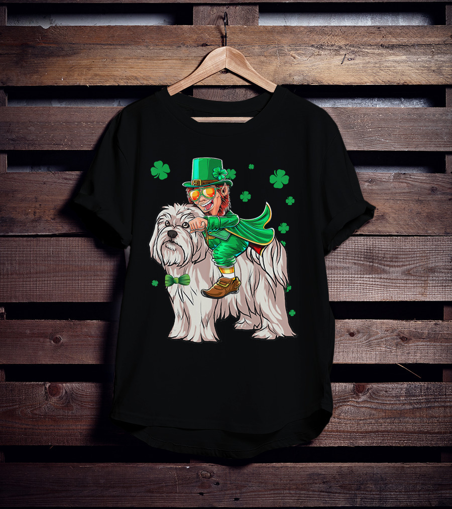 Leprechaun Riding Maltese Dog With Shamrocks T-Shirt