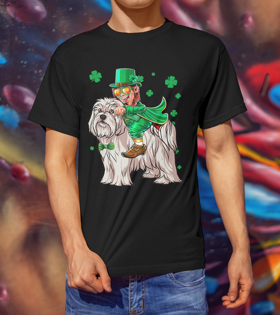 Leprechaun Riding Maltese Dog With Shamrocks T-Shirt