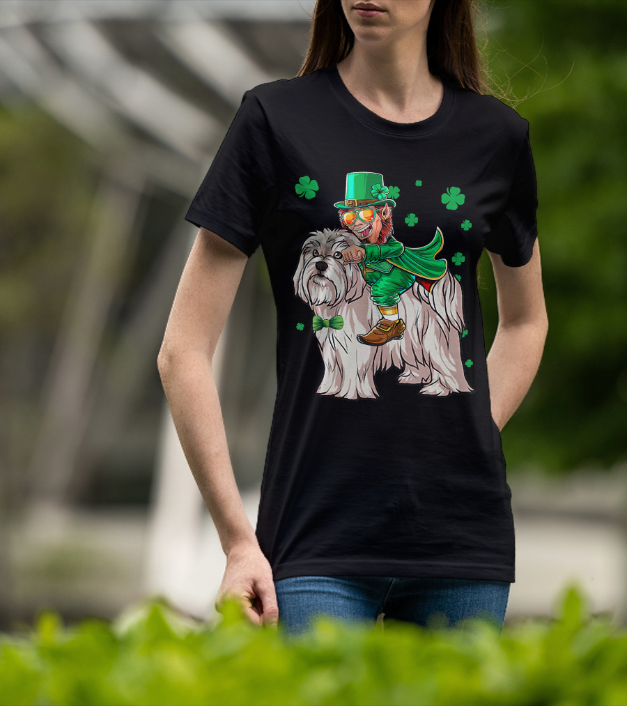 Leprechaun Riding Maltese Dog With Shamrocks T-Shirt