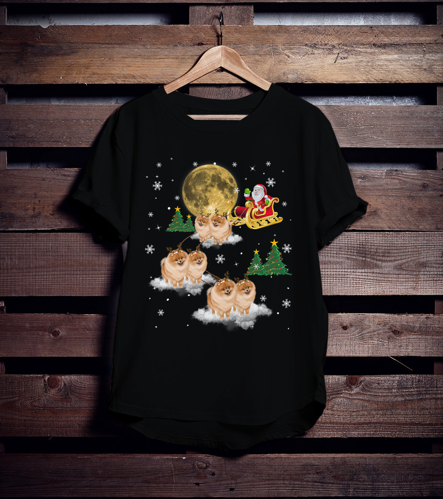 Pomeranian Christmas Santa Sled With Reindeer Funny Dog Love T-Shirt