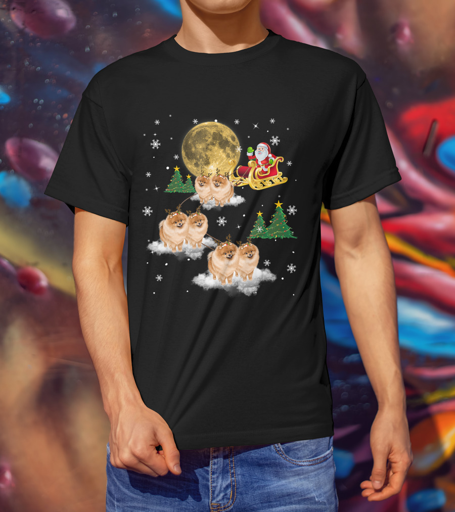 Pomeranian Christmas Santa Sled With Reindeer Funny Dog Love T-Shirt