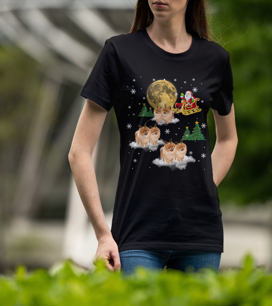 Pomeranian Christmas Santa Sled With Reindeer Funny Dog Love T-Shirt