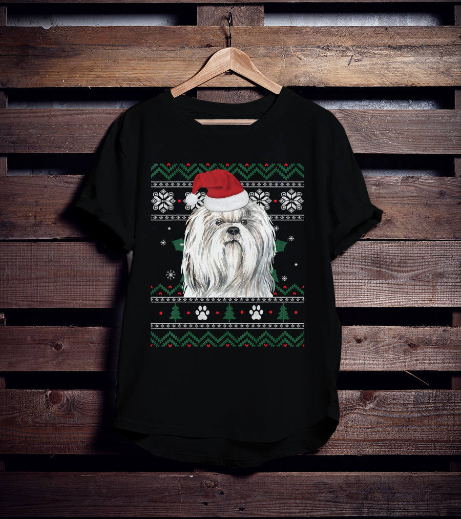 Cute Shih Tzu Dog Wears Santa Hat Christmas Pattern Snowflakes And Trees T-Shirt