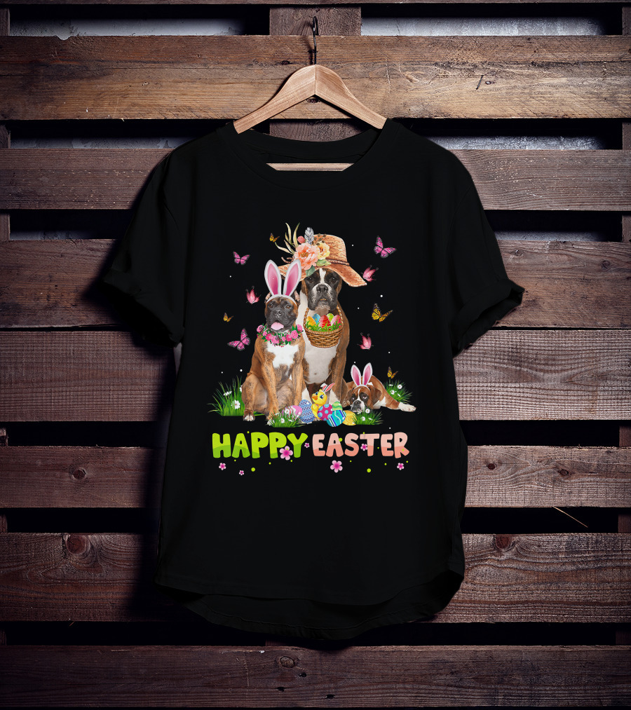 Boxer Dog Happy Easter Bunny Hat Eggs Butterflies T-Shirt