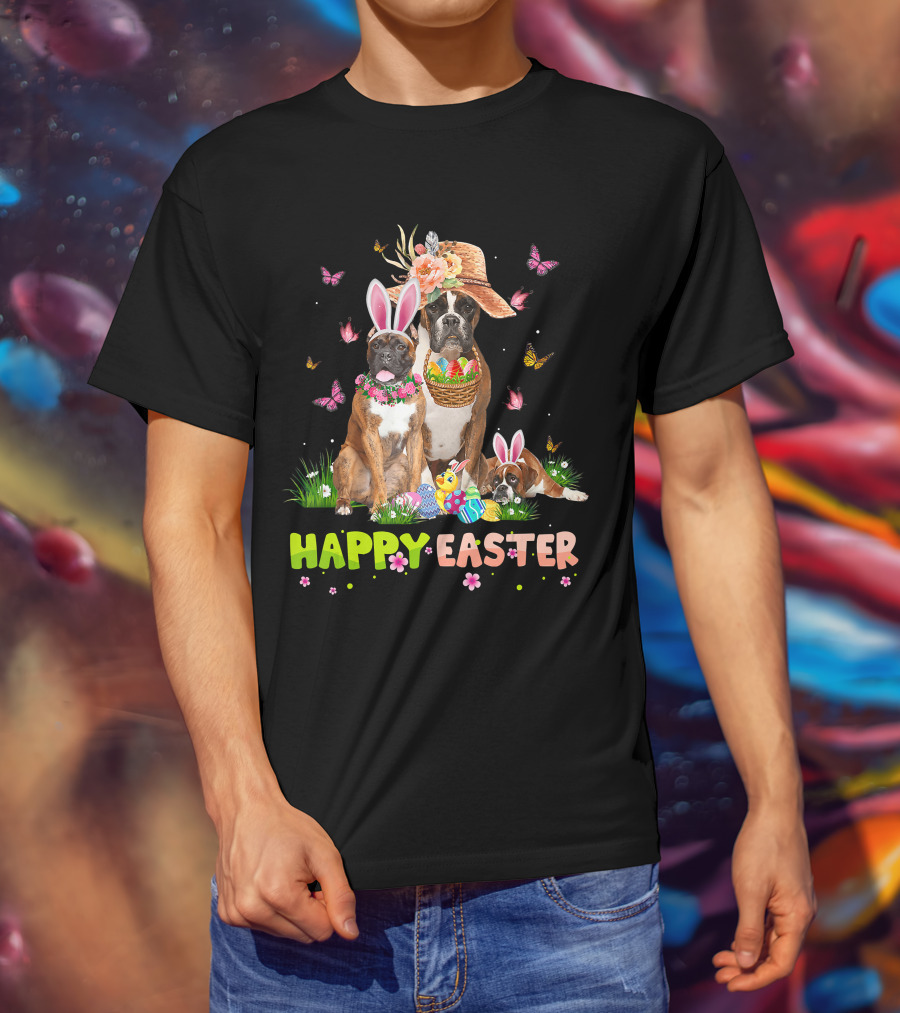 Boxer Dog Happy Easter Bunny Hat Eggs Butterflies T-Shirt