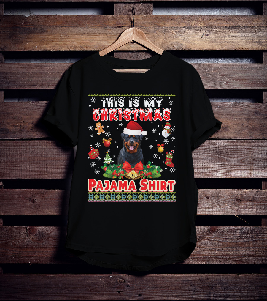 This Is My Christmas Pajama Shirt Rottweiler Santa Hat Gingerbread Snowman Pine Trees T-Shirt