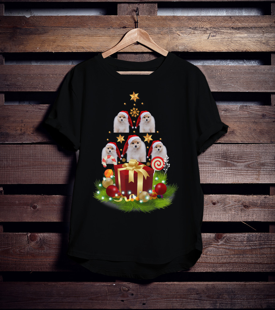 Santa Pomeranian Christmas Tree With Presents And Candy Canes T-Shirt