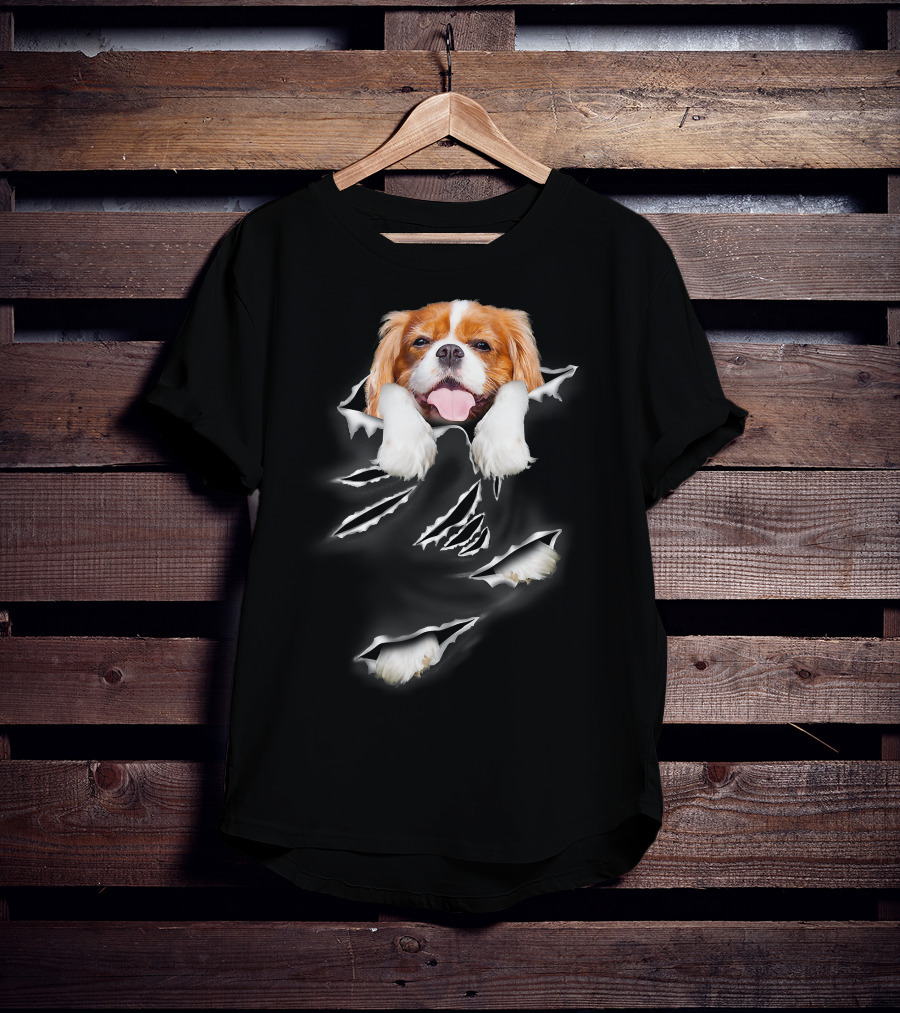 Cavalier King Charles Spaniel Scratch Torn Paws And Face Peeking Through T-Shirt