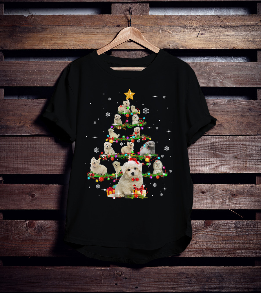 Maltese Christmas Tree With Santa Hat And Paw Up T-Shirt