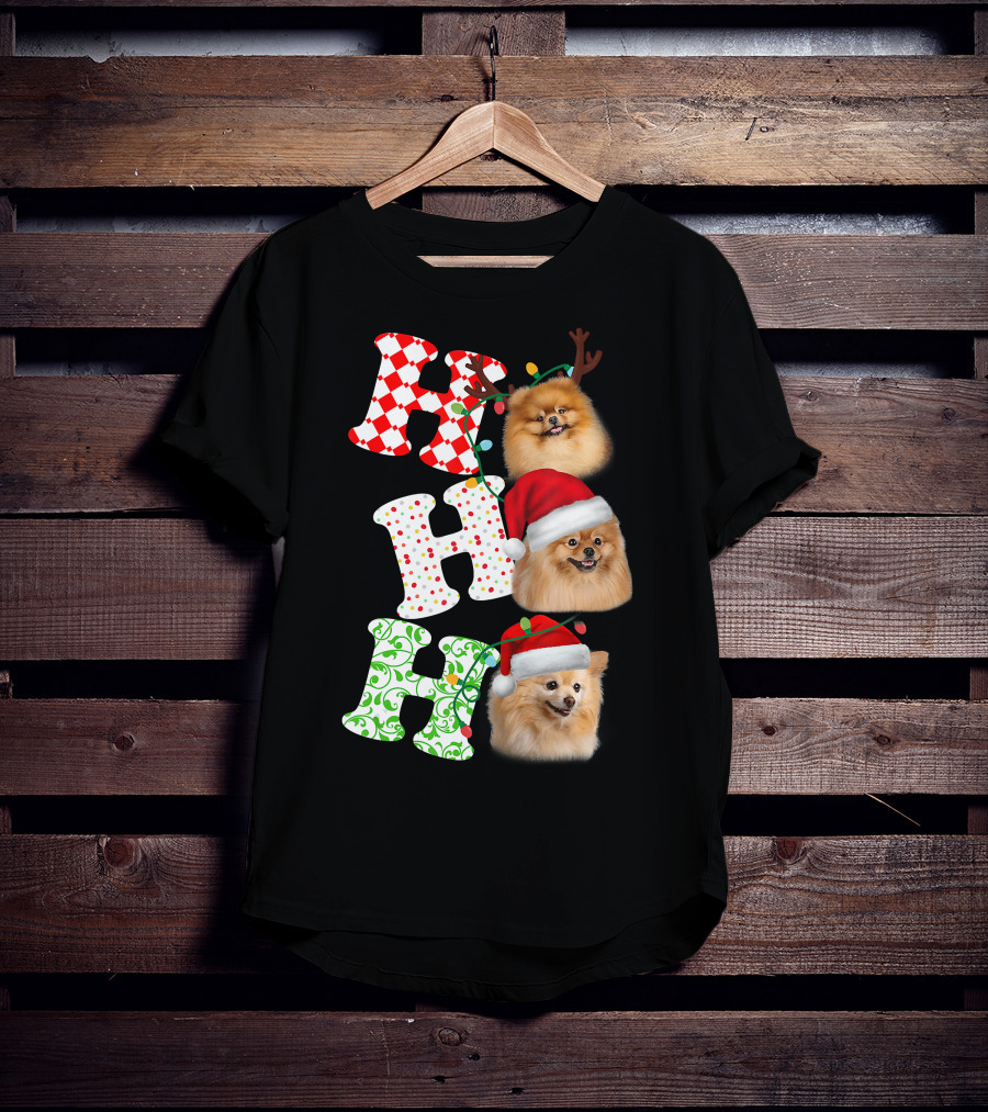 Ho Ho Ho Pomeranian Santa Hat Reindeer Antlers Christmas T-Shirt