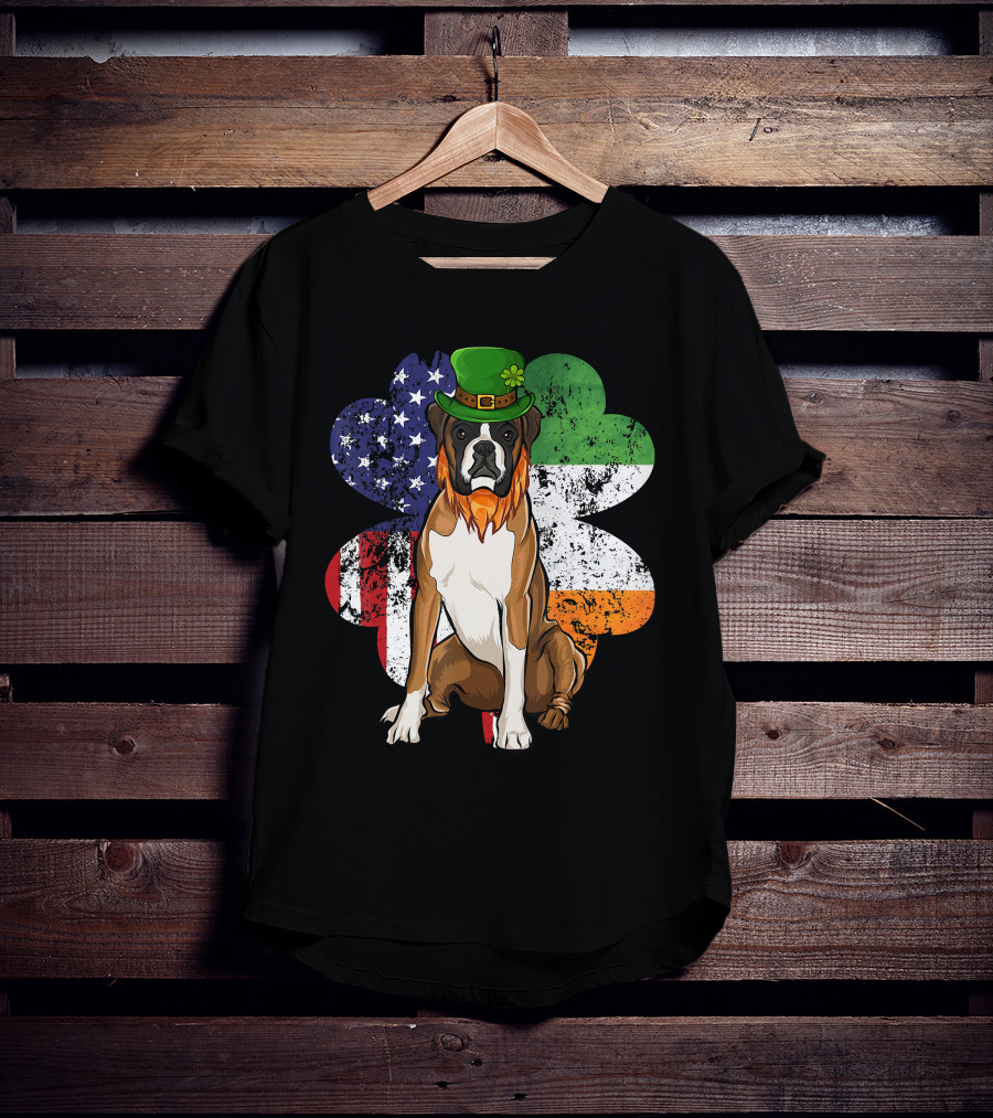 St Patricks Day Boxer Dog With Irish American Flag Shamrock T-Shirt