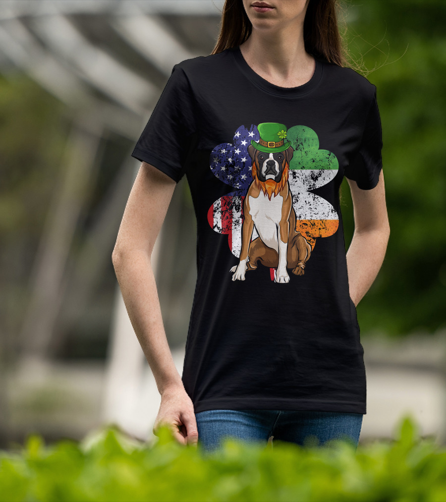 St Patricks Day Boxer Dog With Irish American Flag Shamrock T-Shirt