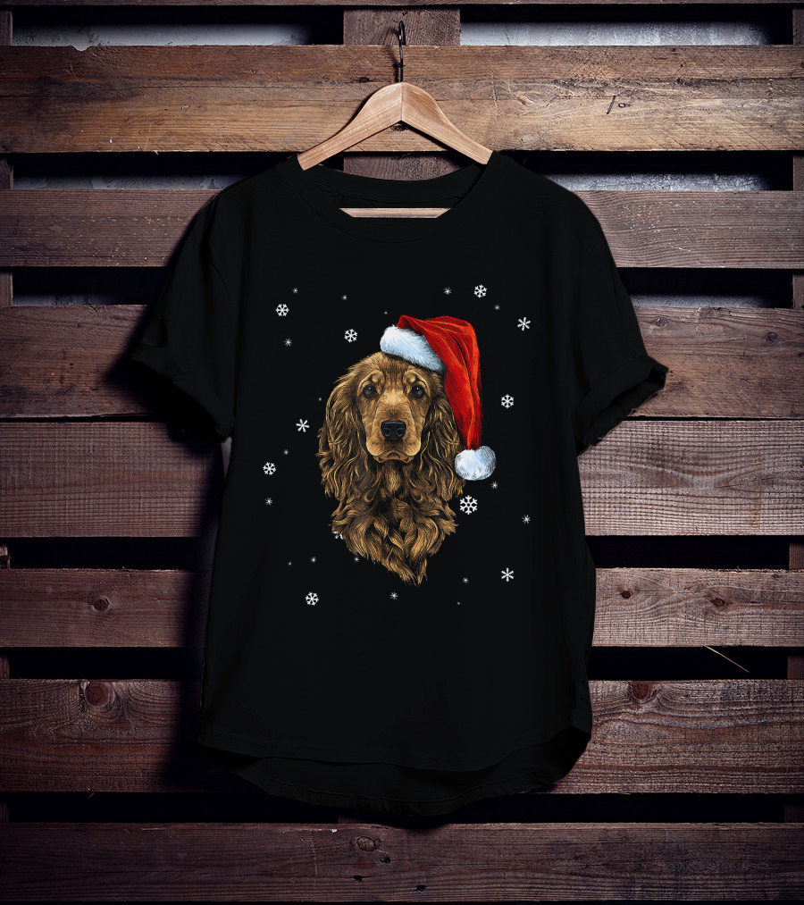 Cocker Spaniel Christmas Dog With Santa Hat And Snowflakes T-Shirt