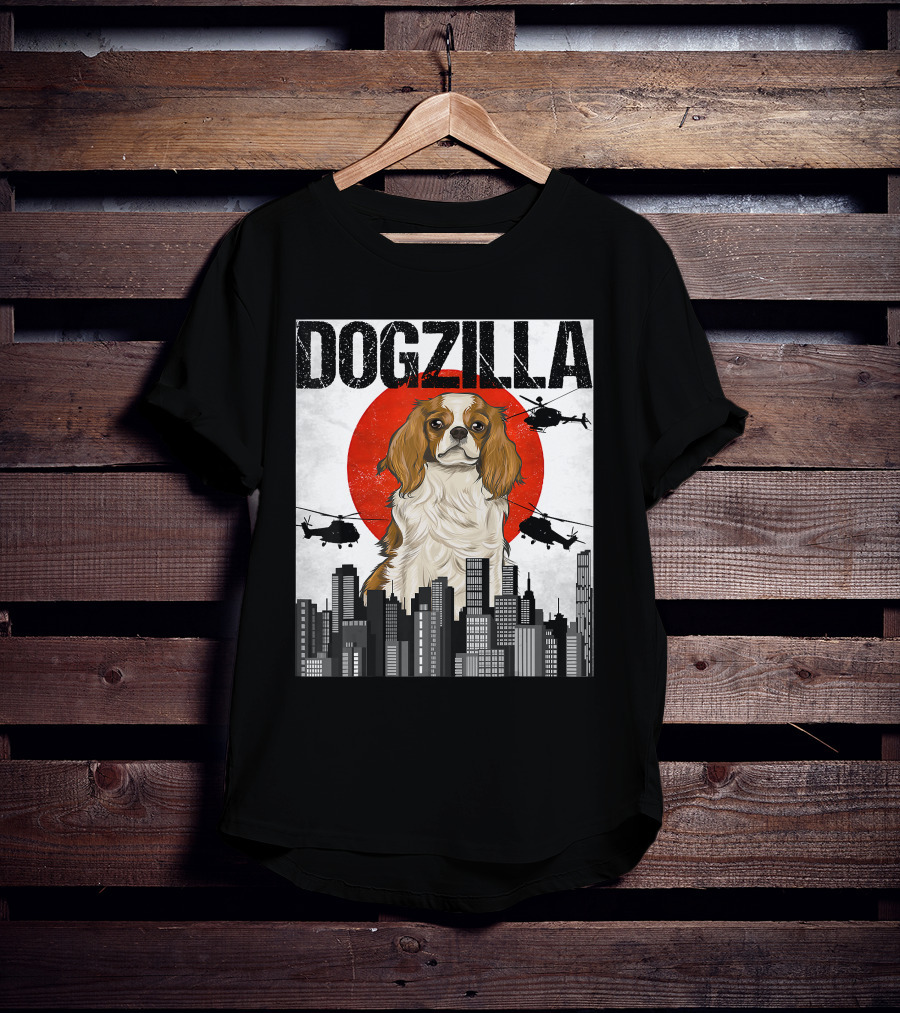 Funny Japanese Dogzilla Cavalier King Charles Helicopter City Skyline T-Shirt