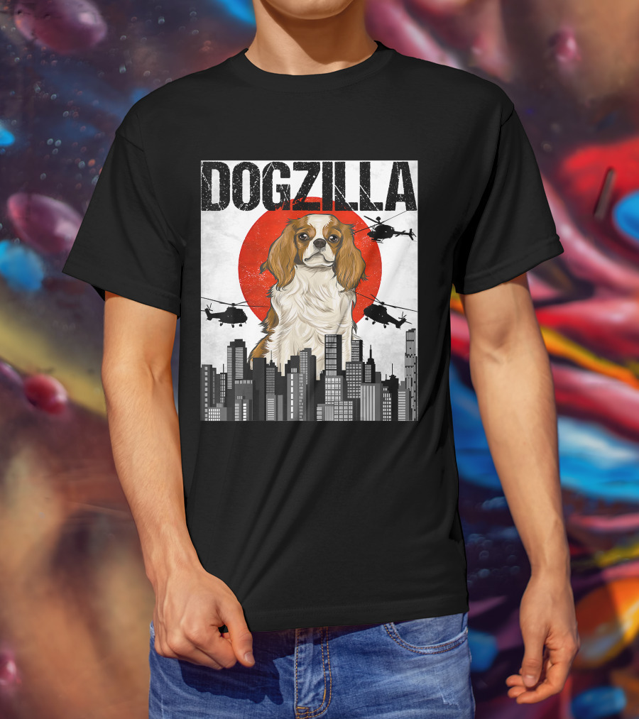 Funny Japanese Dogzilla Cavalier King Charles Helicopter City Skyline T-Shirt