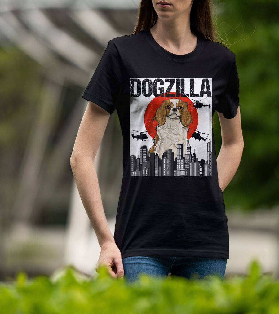 Funny Japanese Dogzilla Cavalier King Charles Helicopter City Skyline T-Shirt