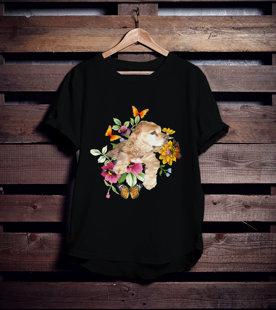 Cocker Spaniel Floral Background Butterflies Loyal Family T-Shirt