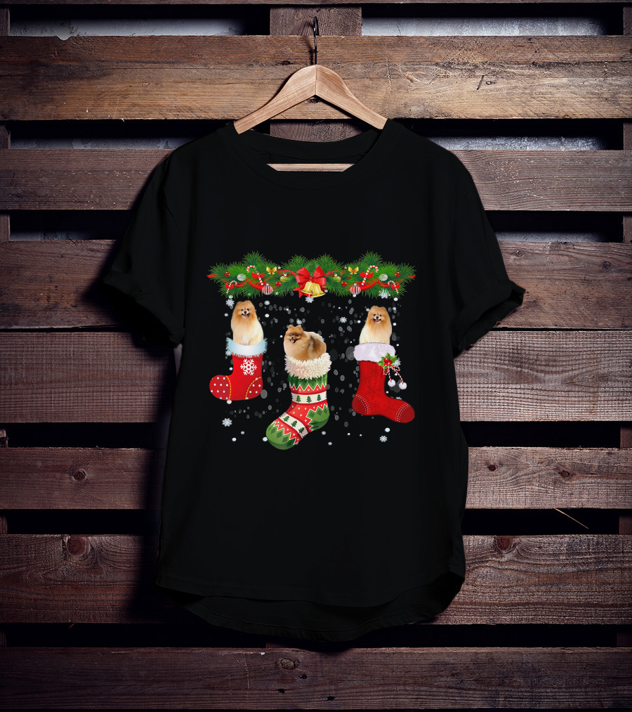 Three Pomeranian Dogs In Christmas Stockings Santa Holiday T-Shirt