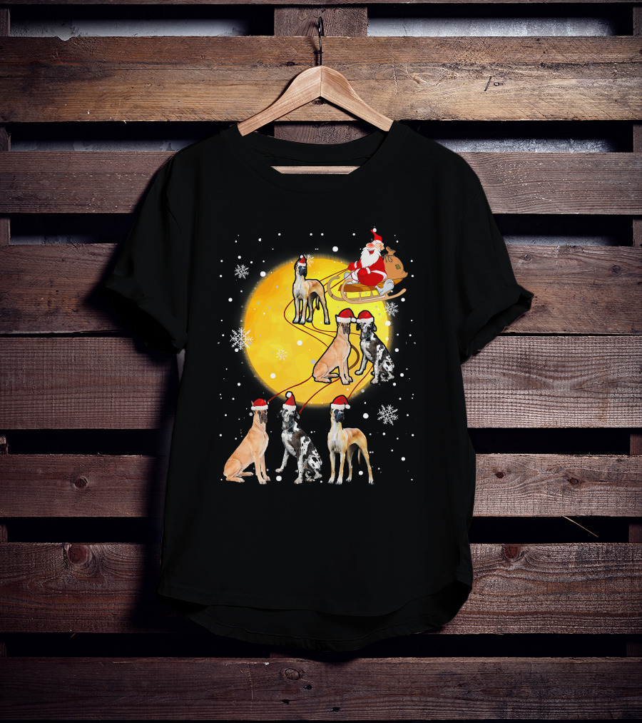 Santa Claus Sleigh Great Dane Reindeer Pack Moon Snowflakes T-Shirt