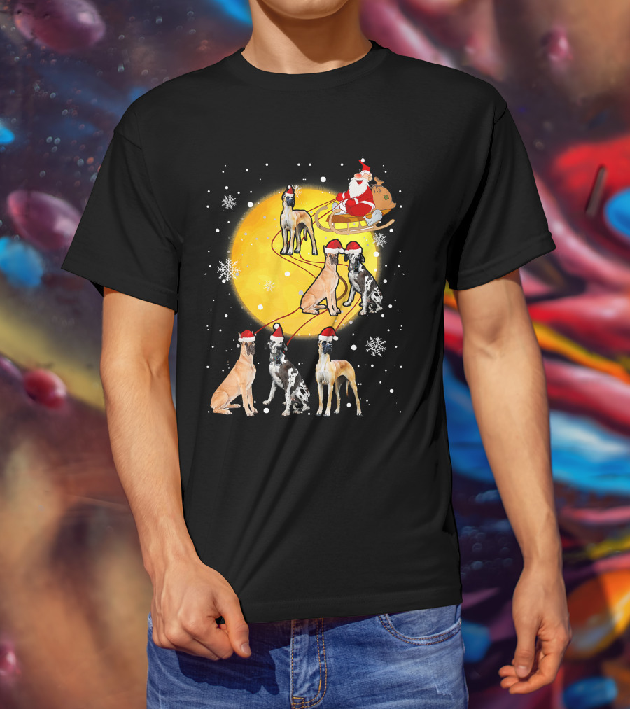 Santa Claus Sleigh Great Dane Reindeer Pack Moon Snowflakes T-Shirt