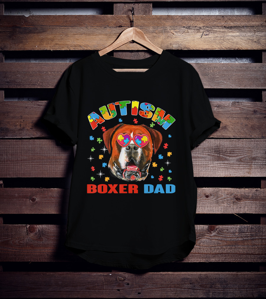 Autism Awareness Boxer Dog Dad With Heart Puzzle Glasses T-Shirt