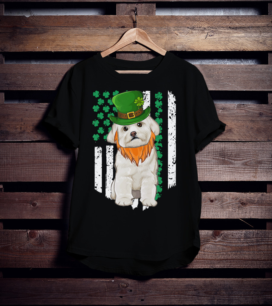 Maltese Dog With Leprechaun Hat And Shamrocks On Irish American Flag For St Patrick's Day T-Shirt