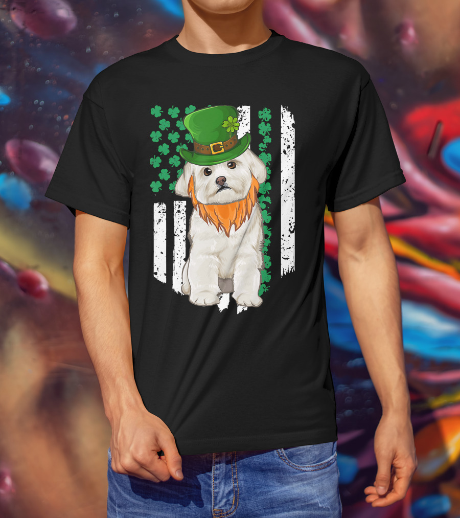 Maltese Dog With Leprechaun Hat And Shamrocks On Irish American Flag For St Patrick's Day T-Shirt