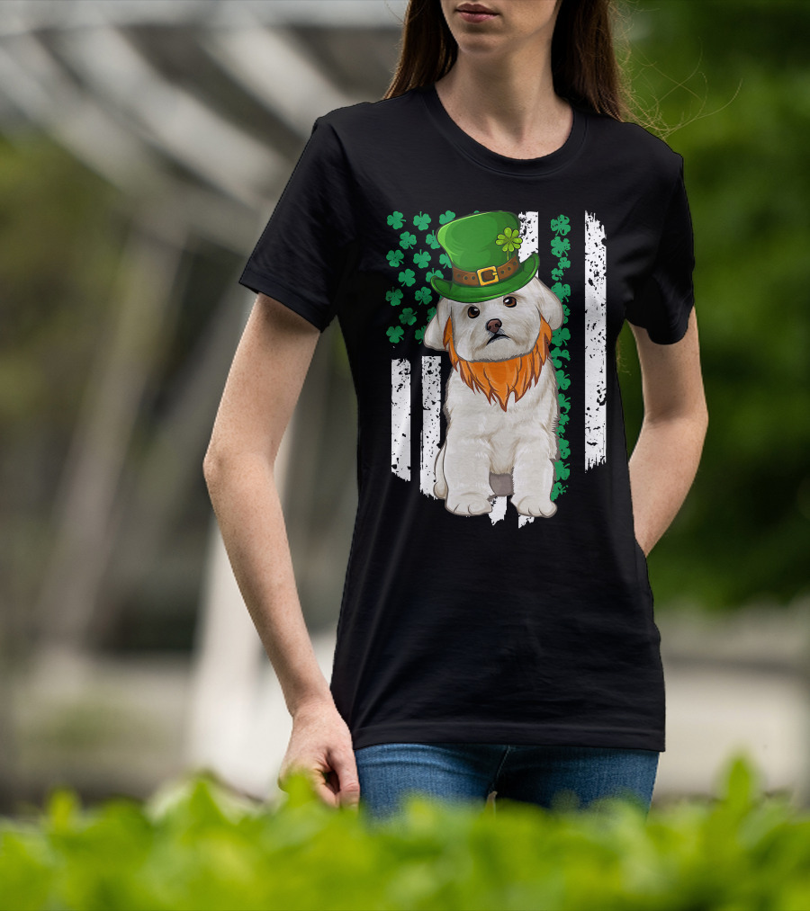 Maltese Dog With Leprechaun Hat And Shamrocks On Irish American Flag For St Patrick's Day T-Shirt
