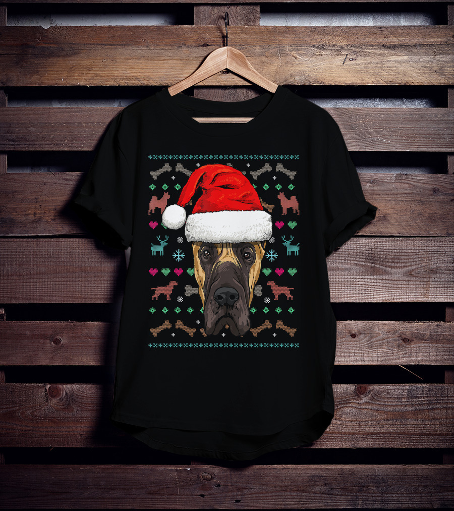Great Dane Santa Hat Ugly Christmas Dog Reindeer Snowflake Hearts T-Shirt