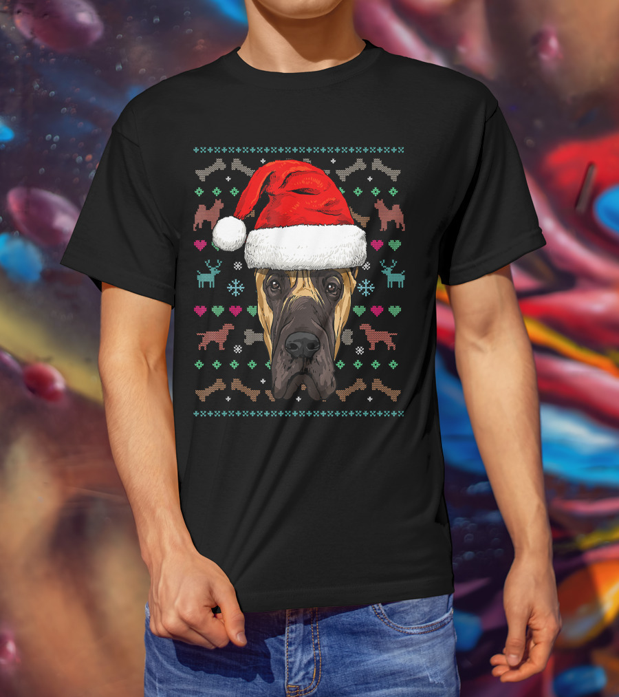 Great Dane Santa Hat Ugly Christmas Dog Reindeer Snowflake Hearts T-Shirt