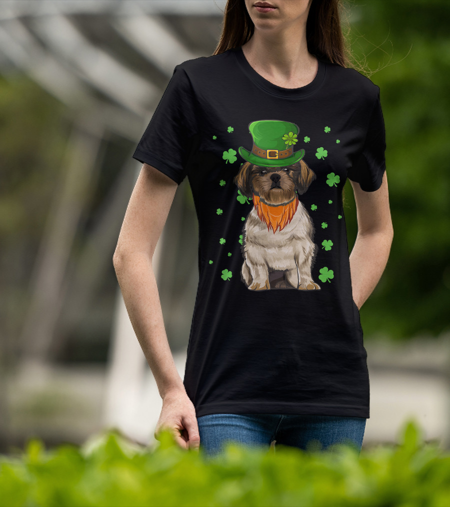 St Patricks Day Shih Tzu Dog With Green Hat And Shamrocks T-Shirt