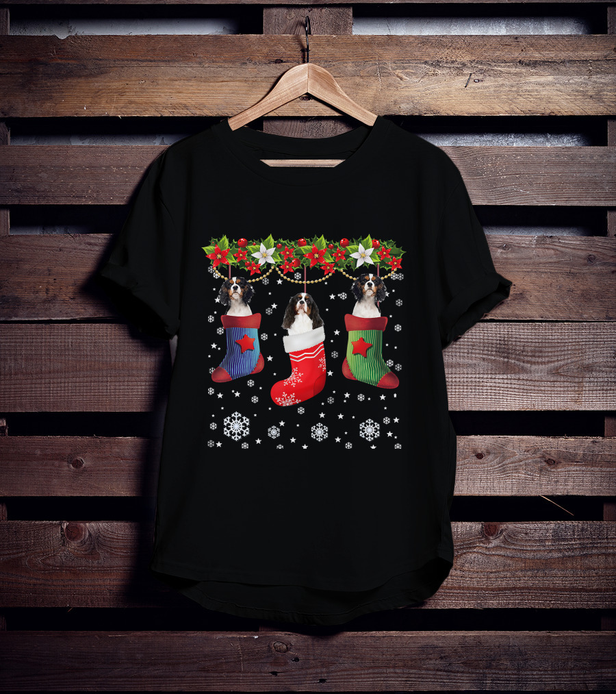 Three Cavalier Dogs In Christmas Stocking Santa Socks T-Shirt