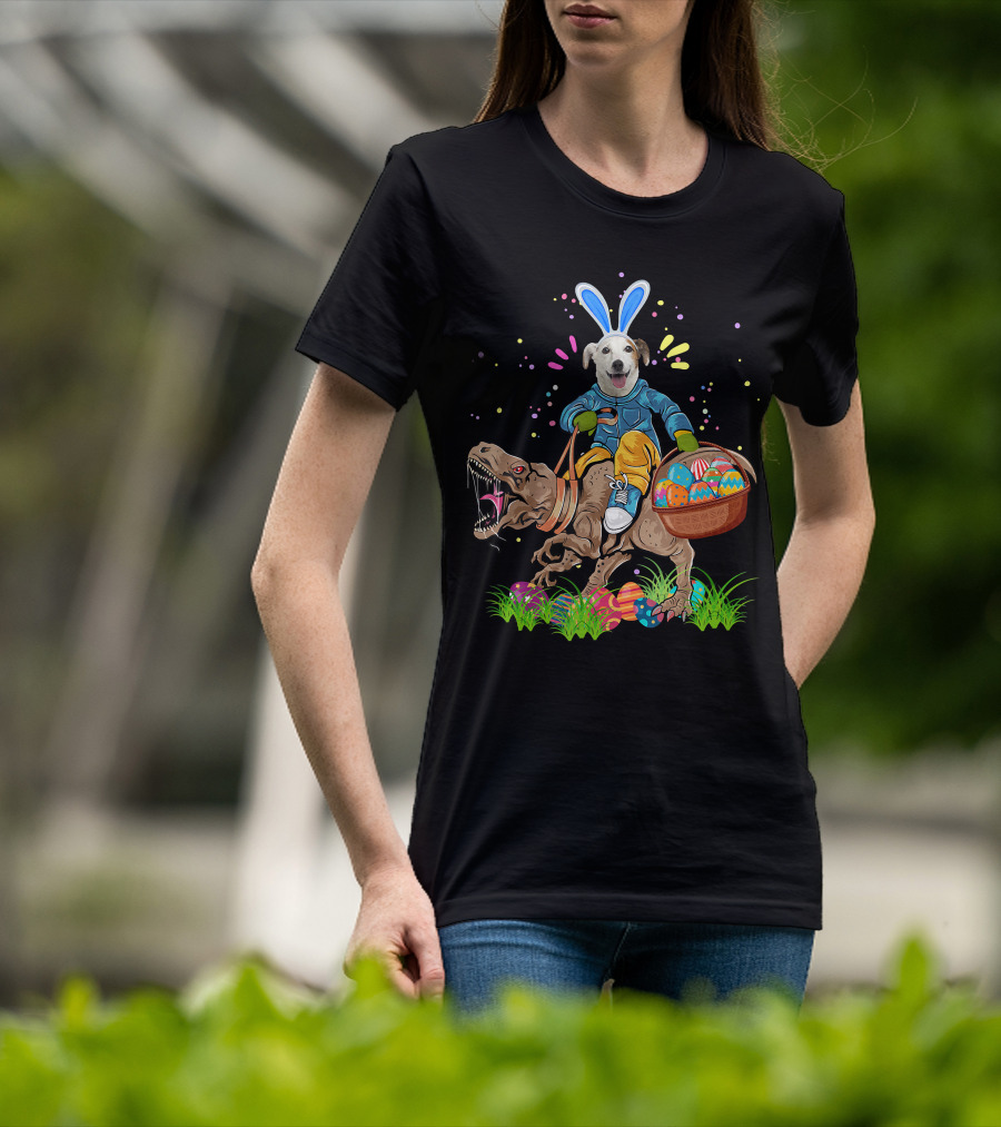 Bunny Jack Russell Dog Riding T-Rex Dinosaur With Colorful Easter Eggs T-Shirt
