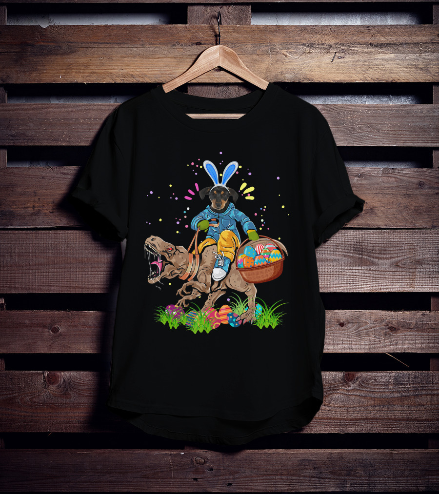 Bunny Rottweiler Dog Riding Rex Dinosaur With Easter Basket T-Shirt
