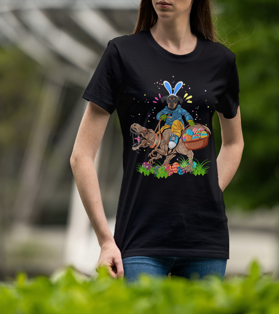 Bunny Rottweiler Dog Riding Rex Dinosaur With Easter Basket T-Shirt