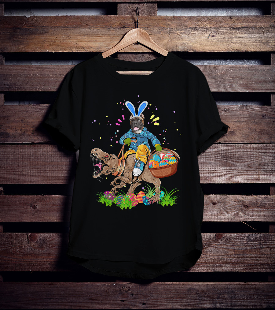 Bunny Boxer Dog Riding Rex Dinosaur With Easter Eggs Basket T-Shirt