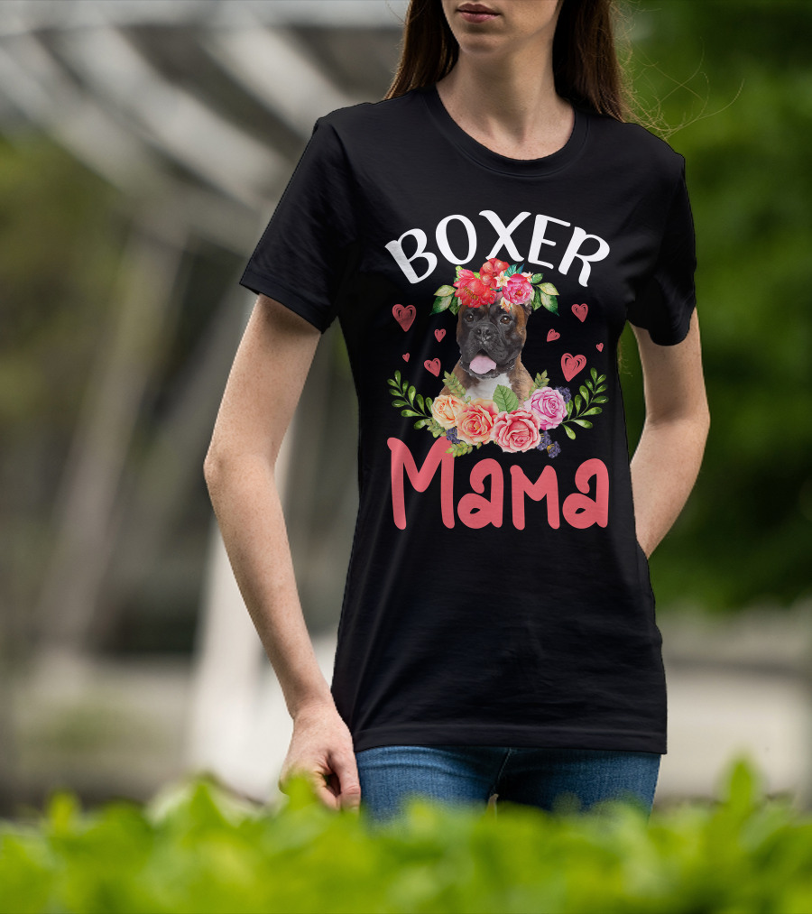 Boxer Mama Floral Dog Heart Blossoms T-Shirt