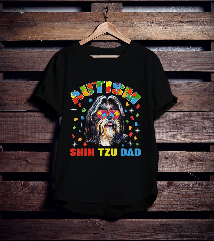 Autism Awareness Cute Shih Tzu Dog Dad With Puzzle Heart Glasses T-Shirt