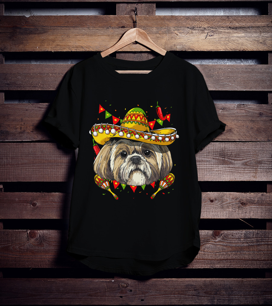 Cinco De Mayo Shih Tzu Sombrero Maracas Chili Peppers Fiesta T-Shirt