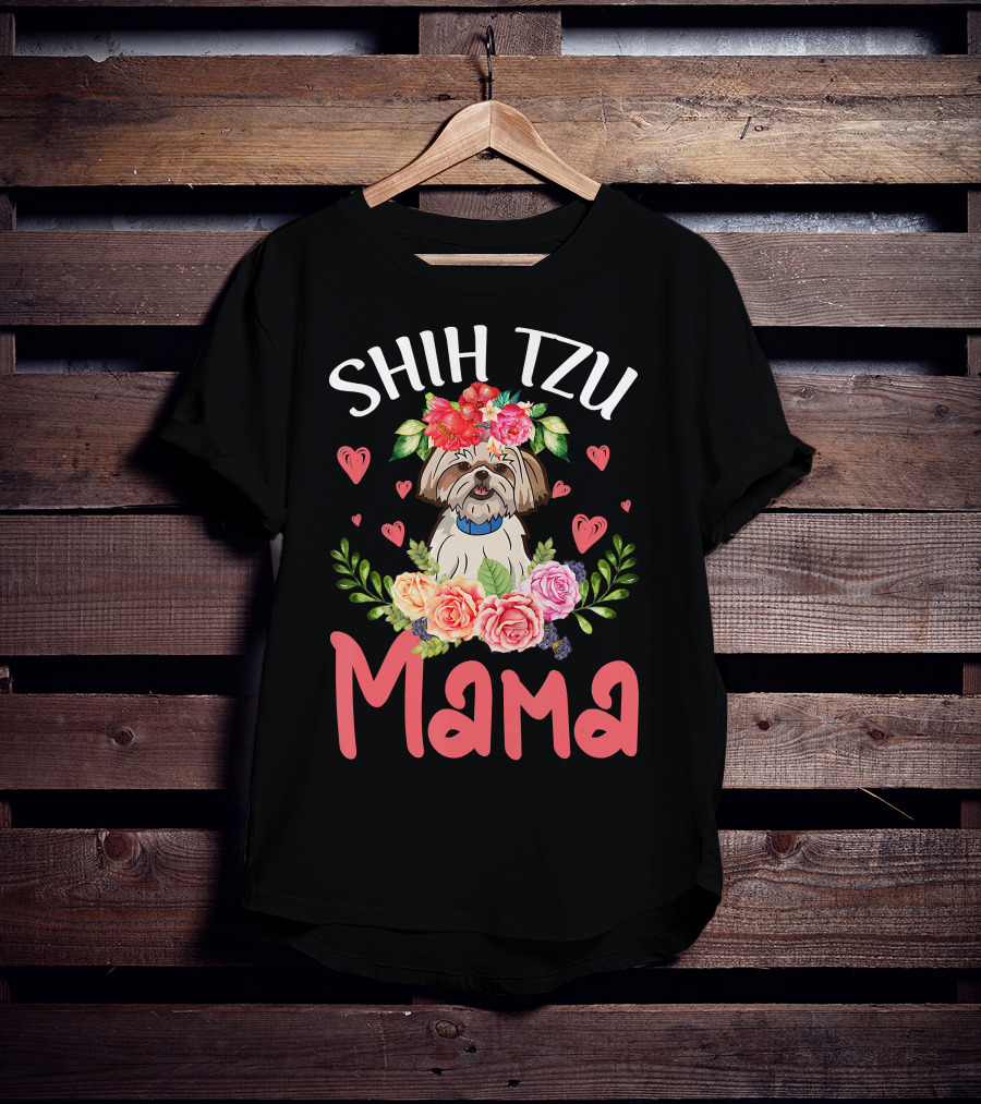 Shih Tzu Mama With Floral Heart Accents T-Shirt