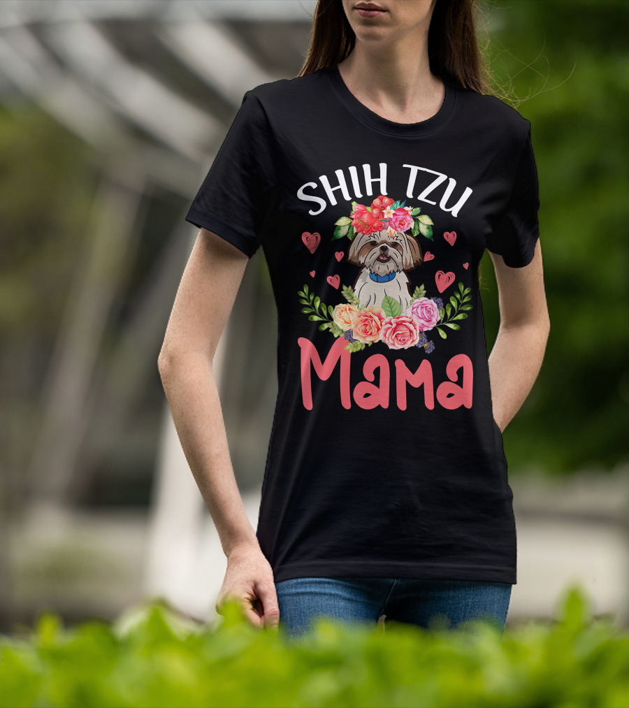 Shih Tzu Mama With Floral Heart Accents T-Shirt