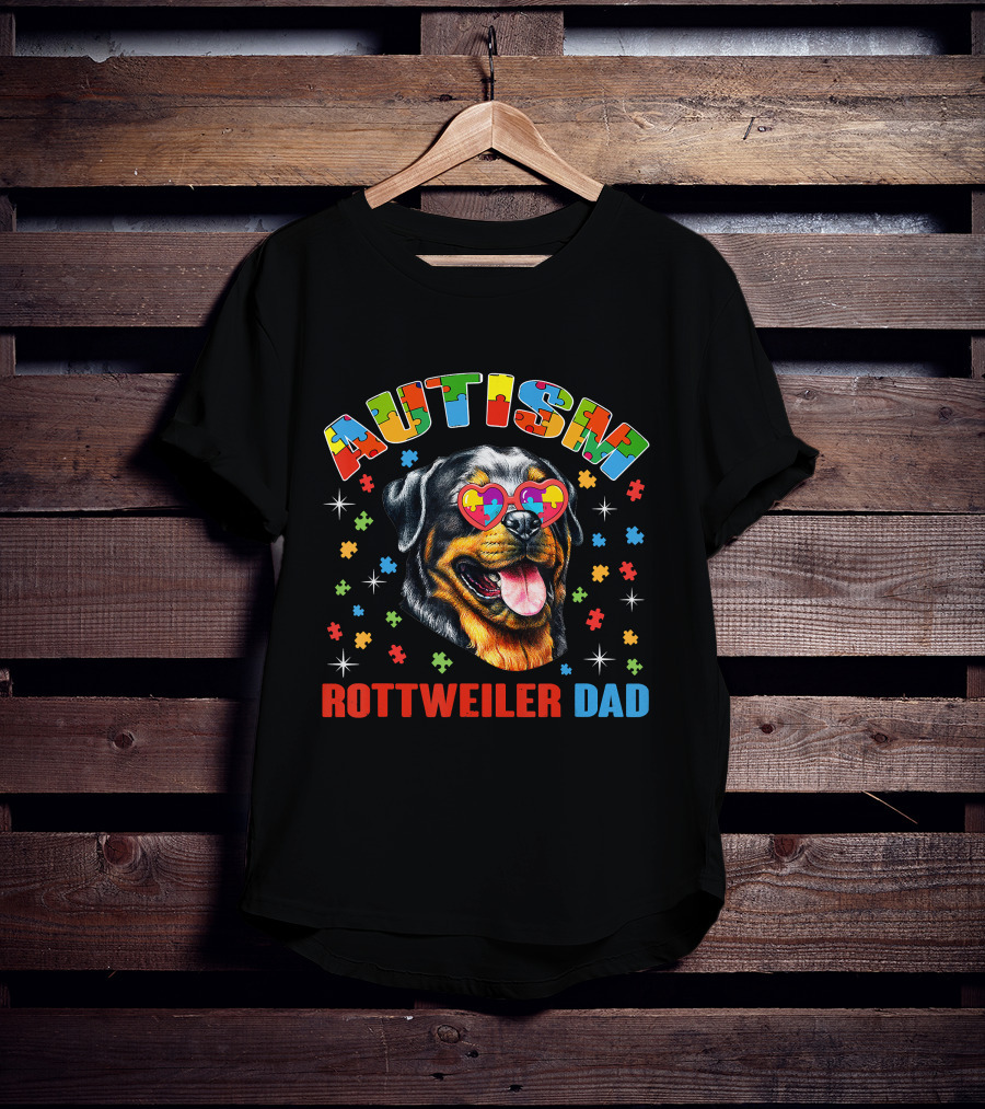 Autism Rottweiler Dad Colorful Puzzle Heart Sunglasses T-Shirt