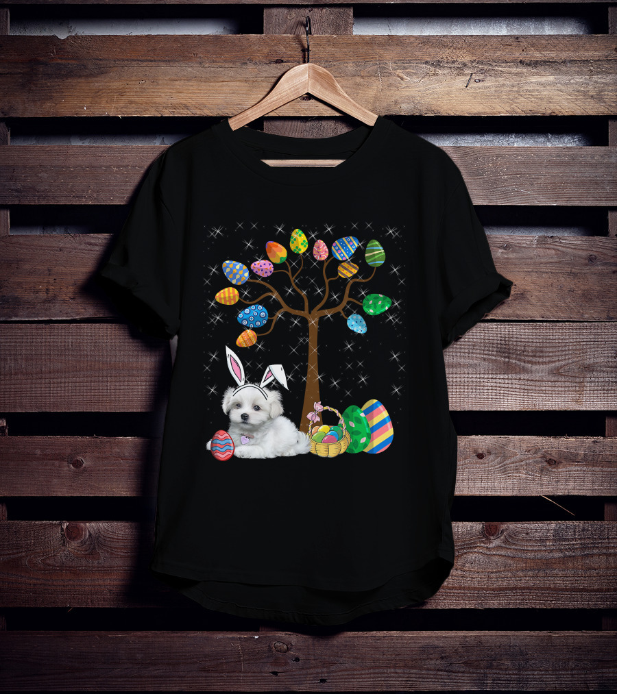 Maltese Dog With Bunny Ears Hunting Easter Eggs On Egg Tree T-Shirt