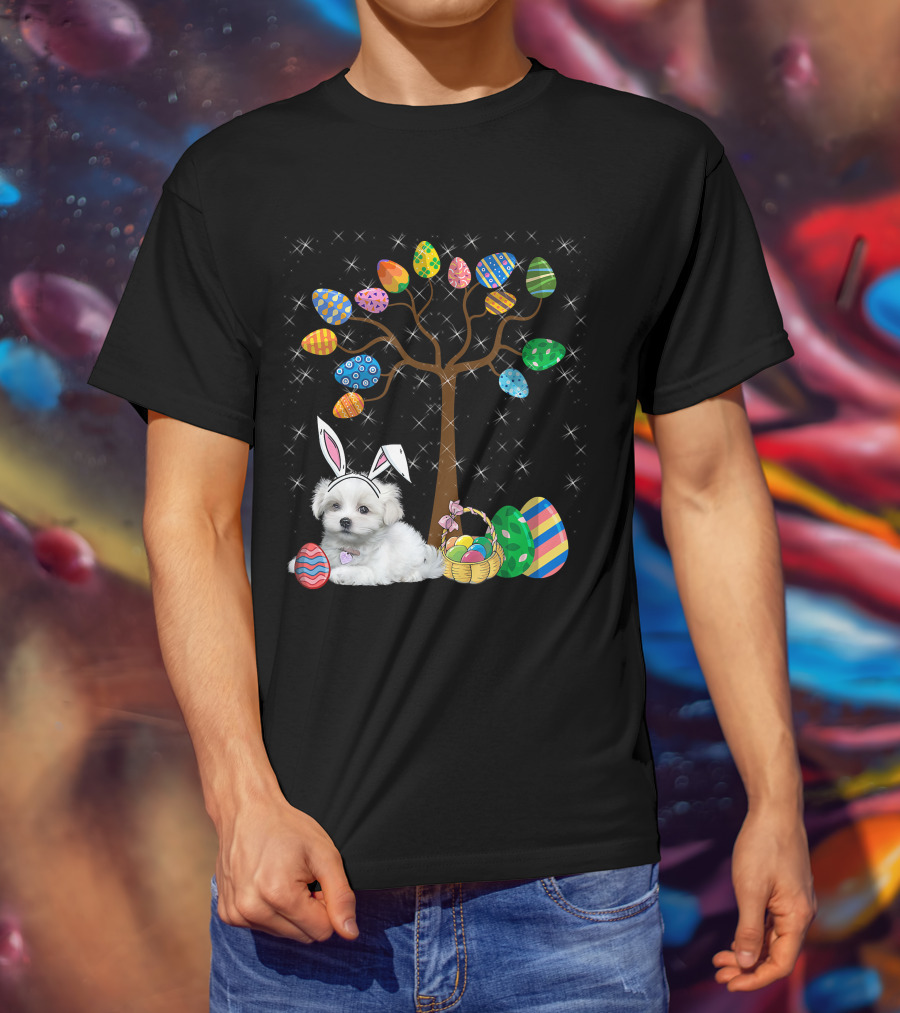 Maltese Dog With Bunny Ears Hunting Easter Eggs On Egg Tree T-Shirt