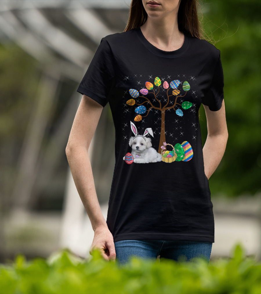 Maltese Dog With Bunny Ears Hunting Easter Eggs On Egg Tree T-Shirt