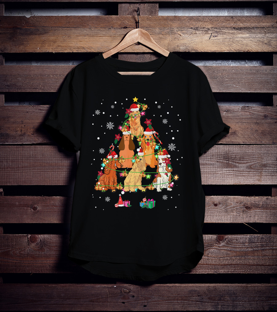 Cocker Spaniel Christmas Tree With Santa Hats And Snowflakes T-Shirt